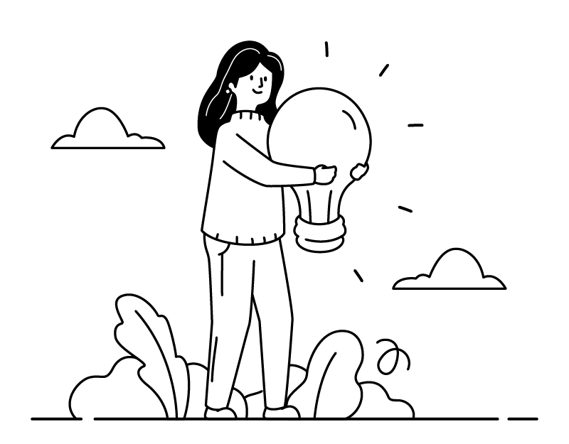 line drawing of a woman holding a lightbulb.